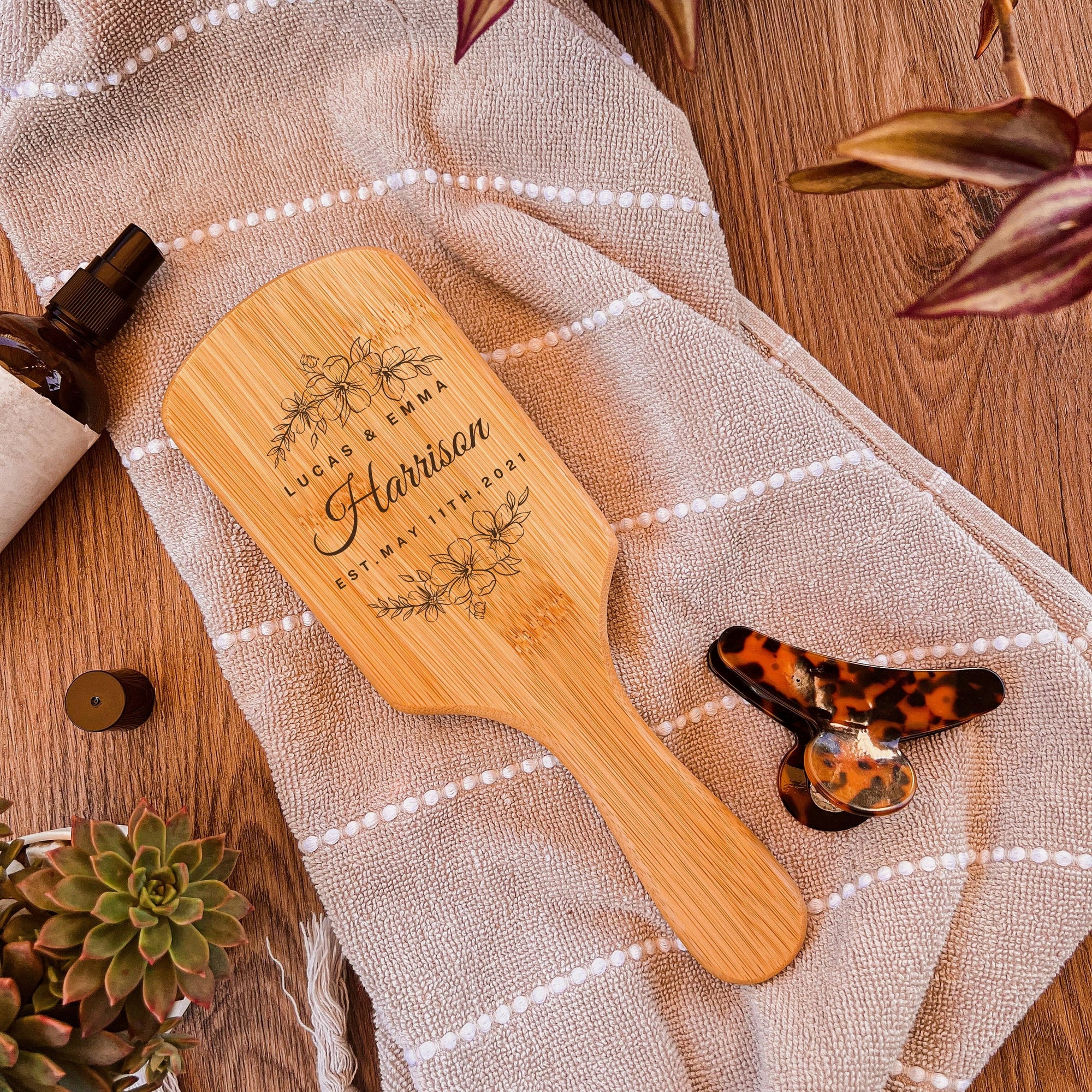 Personalised Organic Bamboo Paddle Hair Brush/ Comb, Custom Logo Laser Engraved Plastic Free Detangling Hair Care, Wedding, Bridesmaids, Mothers day Gift