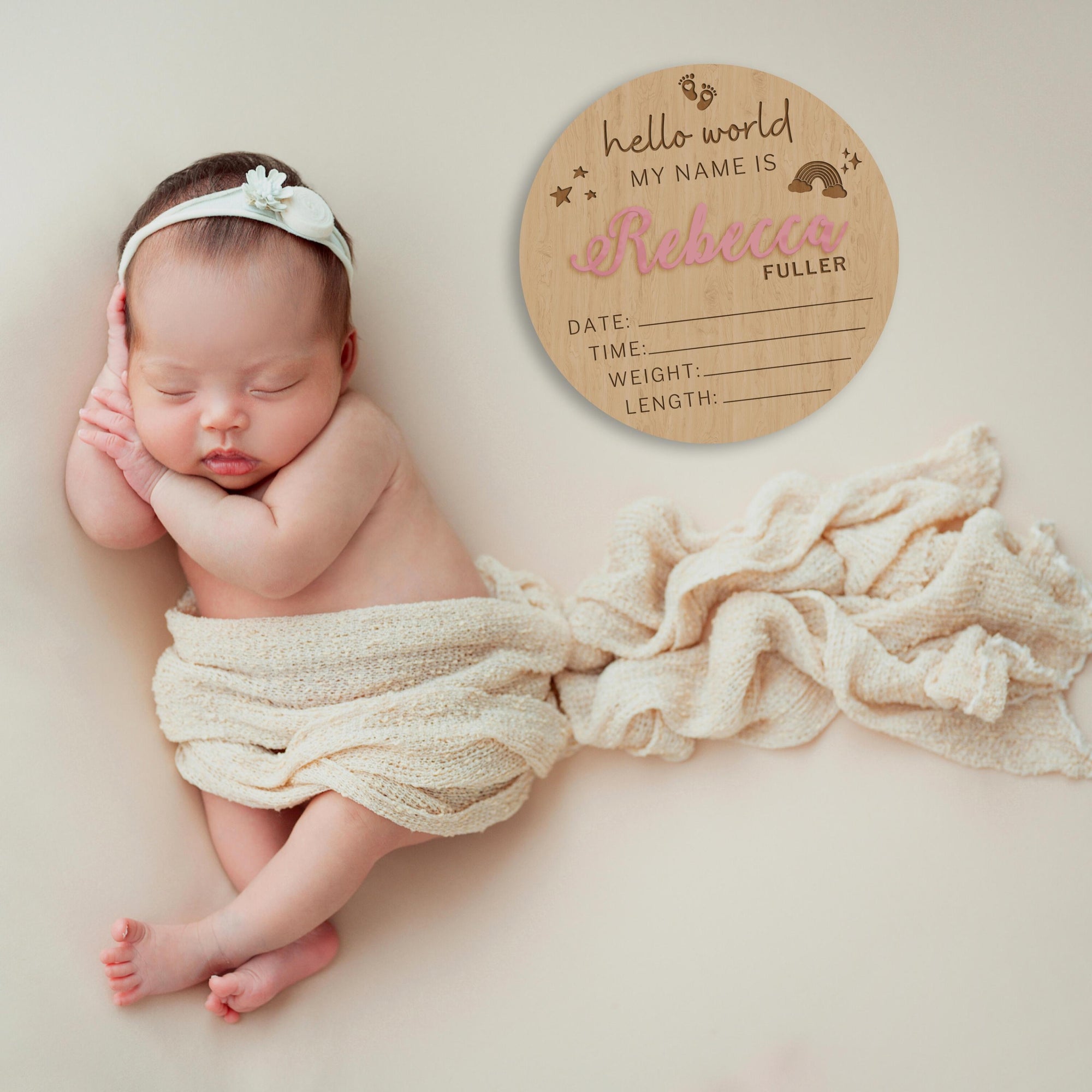 Personalised Wooden Birth Detail Announcement Plaque, 3D Double Layer Nursery Decoration, Hello World New Baby Name Arrival Sign, Newborn Gift