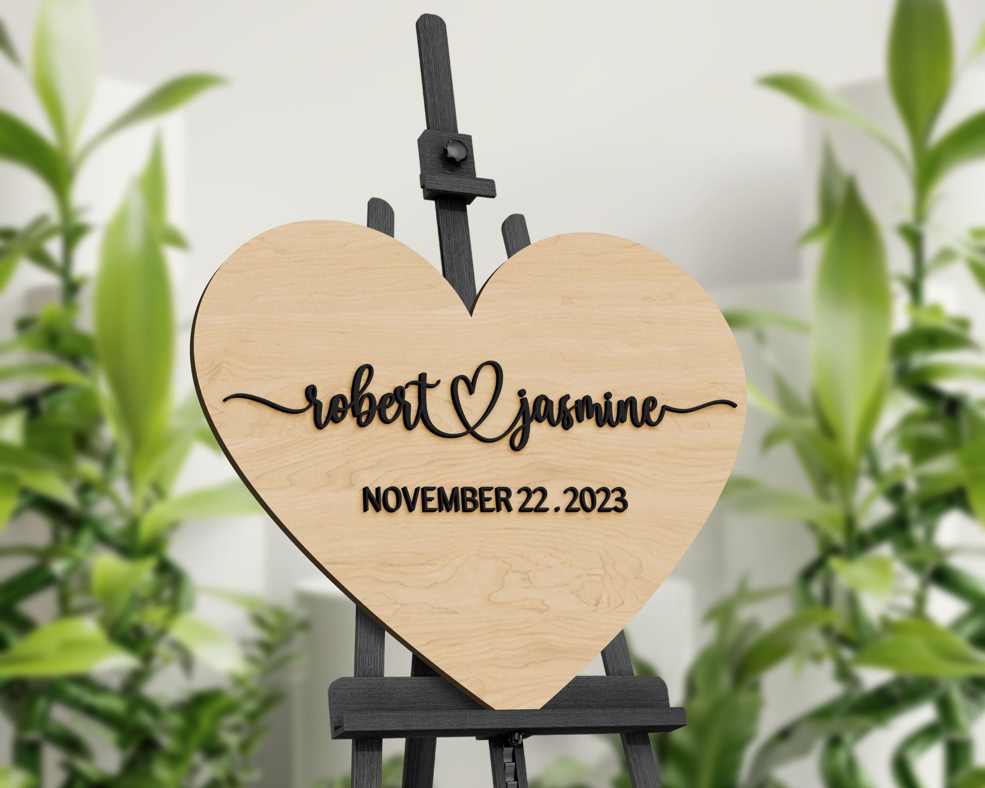 Custom Heart Love 3D Raised Name Timber Wedding Alternative Guest Book Welcome Sign, Personalised Rustic/ Vintage/  Boho, Country Hippie style Wooden Names, Ceremony/ Event/ Engagement/ Bridal Shower/ Birthday Signage on Easel