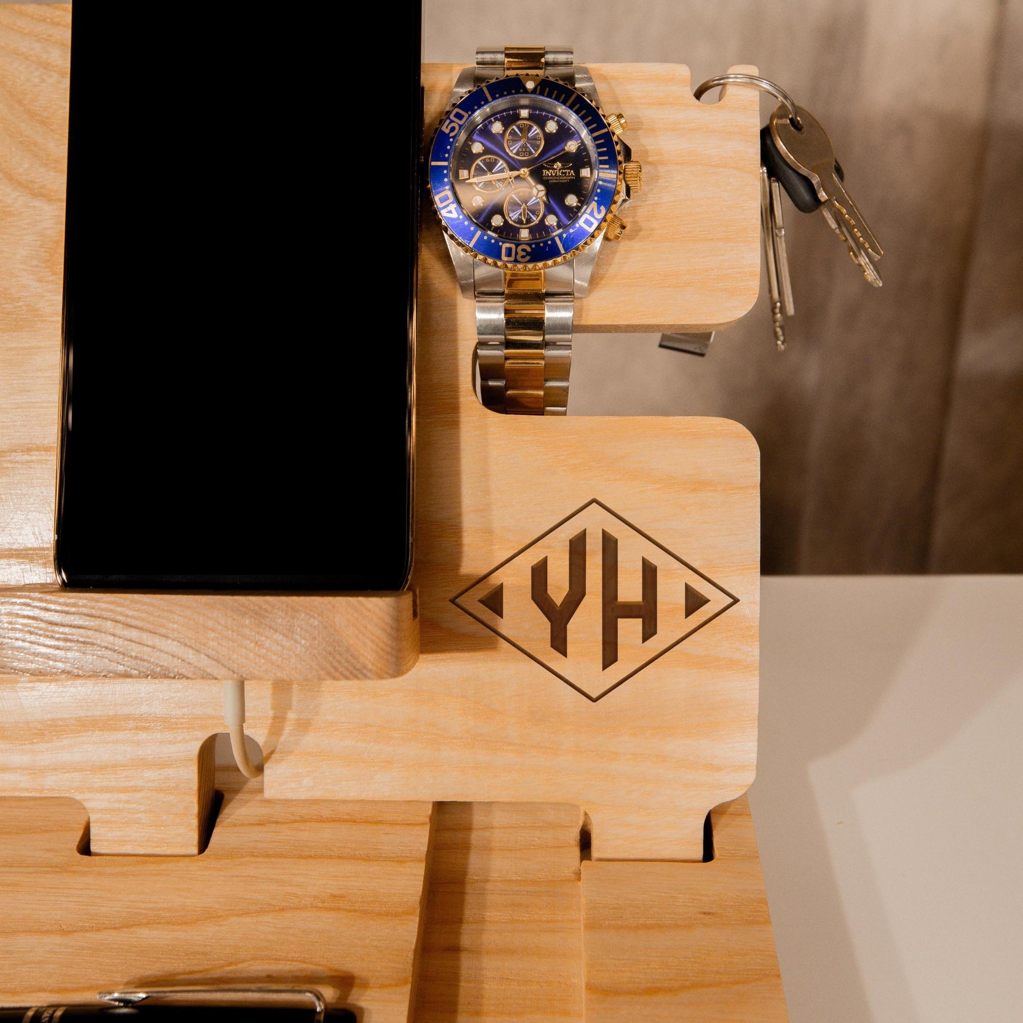 Personalised Oak Docking Station, Night Valet Stand, Wooden Phone &amp; Watch Display, Headphone Holder, Custom Office Desk Charging Organiser, Gift for Him, Dad, Birthday, Housewarming