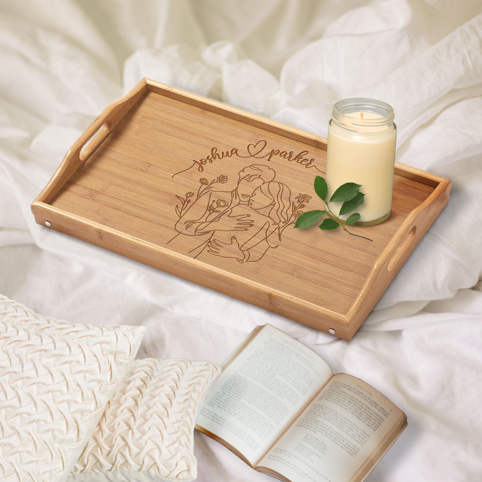 Engraved Portable &amp; Foldable Bamboo Bed Tray Table, Breakfast/ Picnic/ Afternoon Tea Handle Trays, Corporate/ Housewarming Gift, Wedding Favour