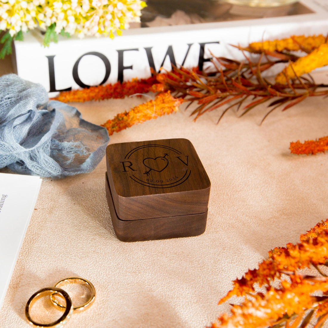 Personalised Wooden Engagement Proposal Ring Bearer Box, Custom Engraved Wedding Double Slot Solid Walnut Oval Ring Holder Storage, Rustic Vintage Anniversary Gift 