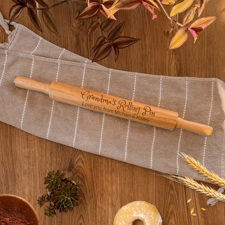 Personalised Wooden Rolling Pin, Custom Laser Engraved Timber Dough Roller, Cake Baking Utensils, Mothers Fathers Day Gift for Grandma Nanny Grandpa