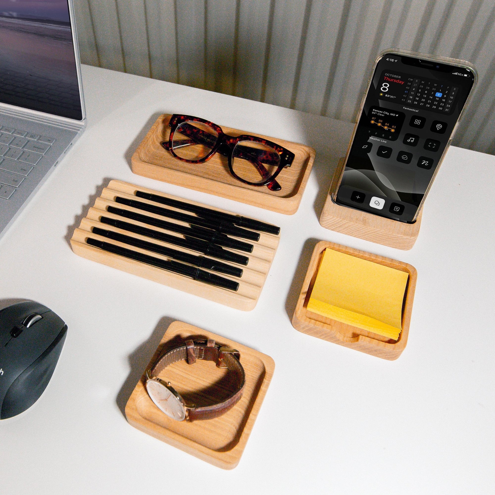 Personalised Wooden Set of 5 Desk Organiser, Solid Ash/ Walnut Tray, Desk Storage, Custom Office Organiser, Docking Station, Gift for Him, Dad, Birthday, Housewarming