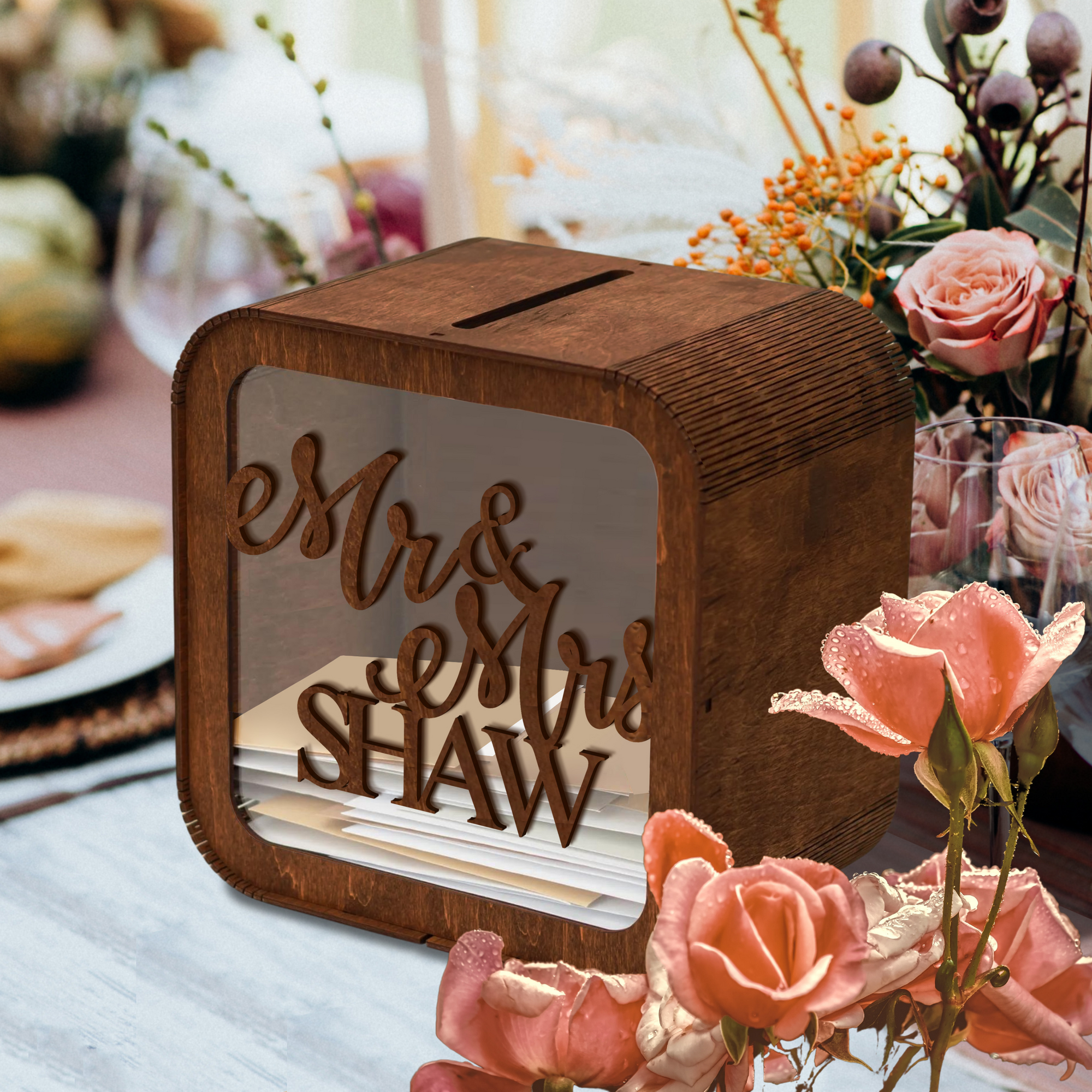 Custom Made Laser Cut Plywood Wishing Well Box, Personalised Name &amp; Date Money, Envelope, Card Boxes, Rustic Wedding Memory Keepsake Gift