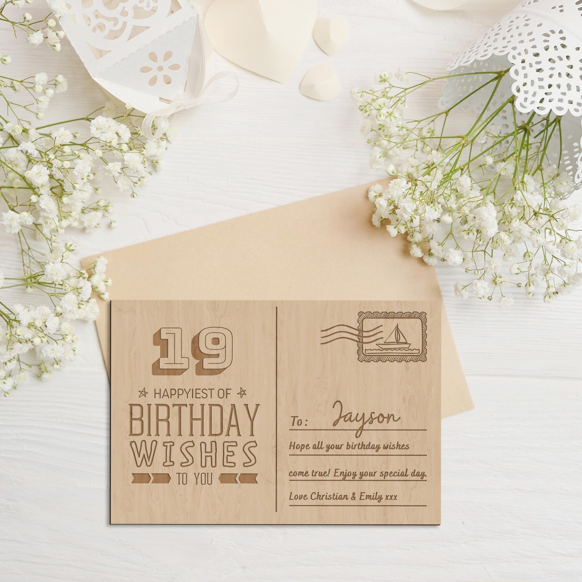 Personalised Wooden Happy Birthday Postcard, Custom Engraved Timber Celebrate Message &amp; Name Post Card with Display Stand, Wood Carved Keepsake Gift Card