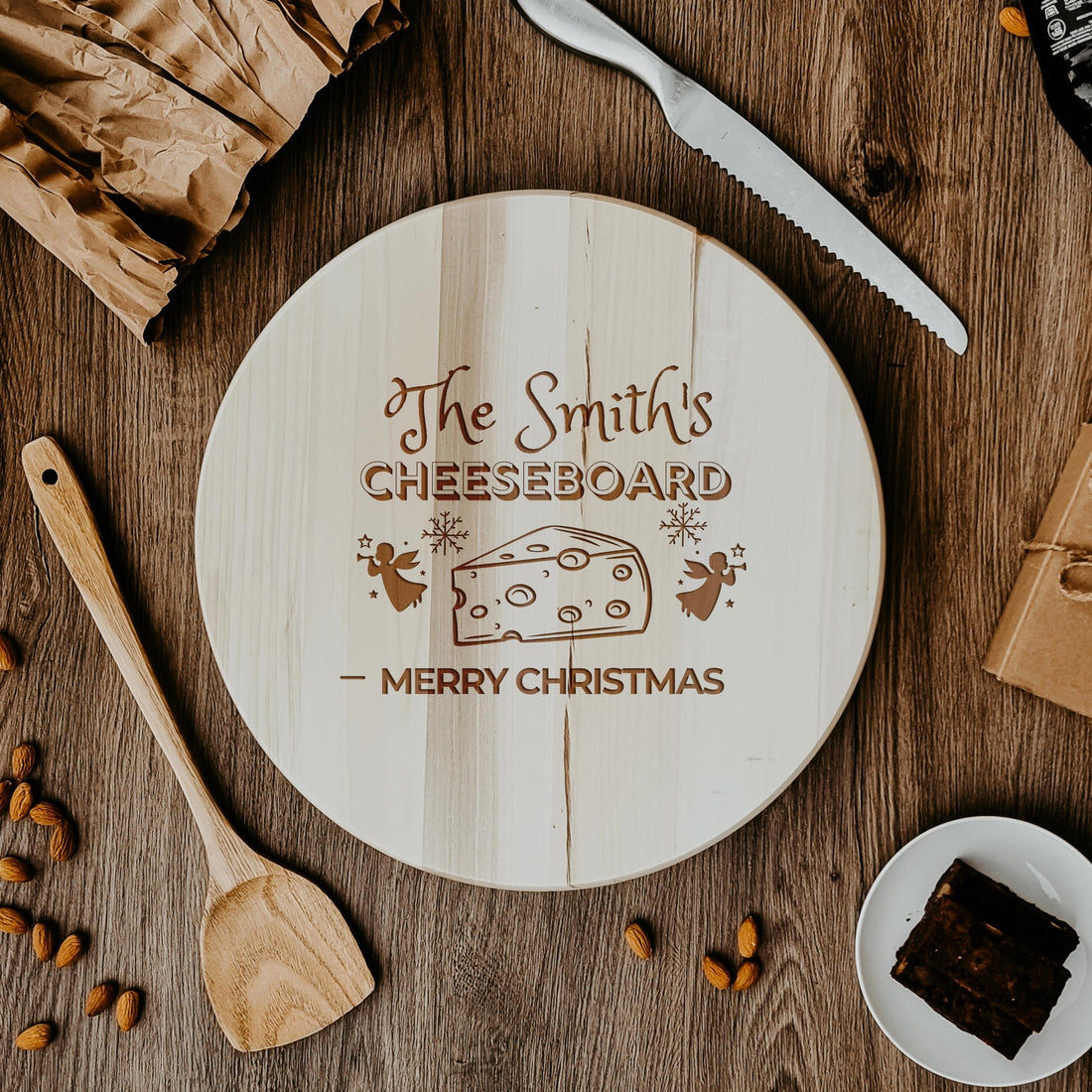 Christmas Custom Engraved Solid Wood Lazy Susan Tray, Cheese Charcuterie Serving Round Spin Board, Personalised Organiser Xmas New Year Housewarming Gift