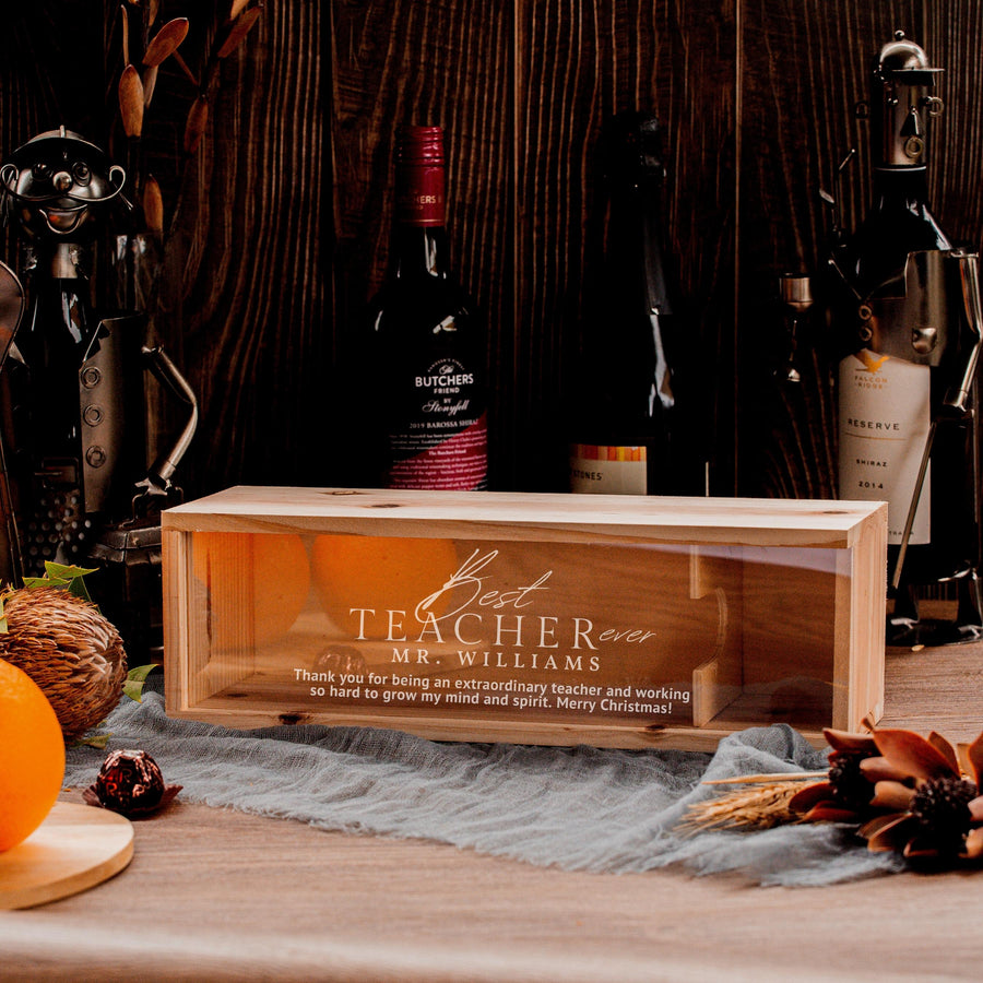 Christmas Personalised Clear Acrylic Lid & Wooden Wine Box Gift, Xmas New Year Engraved Custom Housewarming/ Birthday, Teacher Gift, Wedding Favour