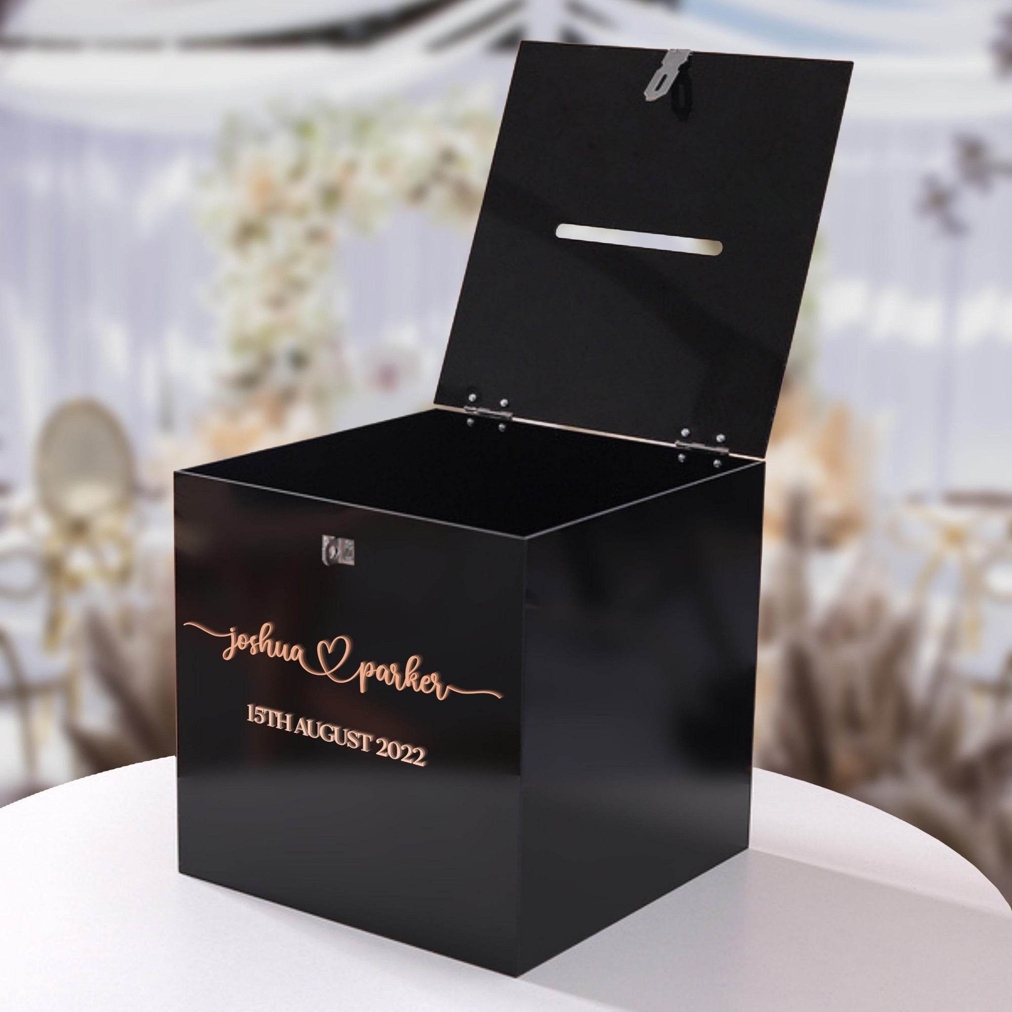 Personalised Black Acrylic Name &amp; Date Wedding Wishing Well Box, Custom Logo Gift Card, Envelope, Money Boxes, Baptism Christening, Birthday