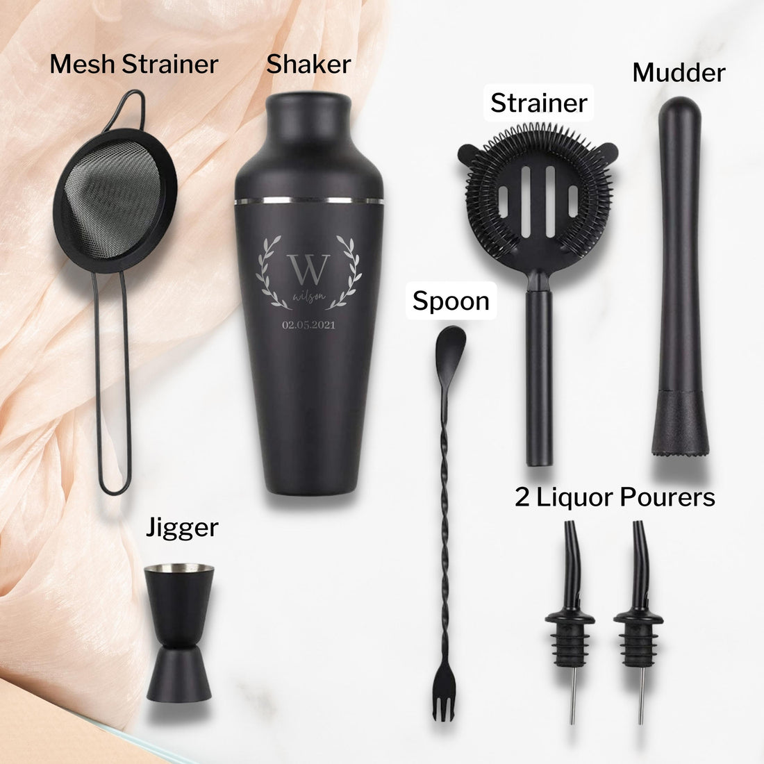 Engraved Stainless Steel Matte Black Cocktail Shaker Set of 9, Personalised Custom Monogram Barware, Drink Mixer Martini Boston Alcohol Shaker Bartender Drink Party Bar Tools, Gift for Dad/ Him