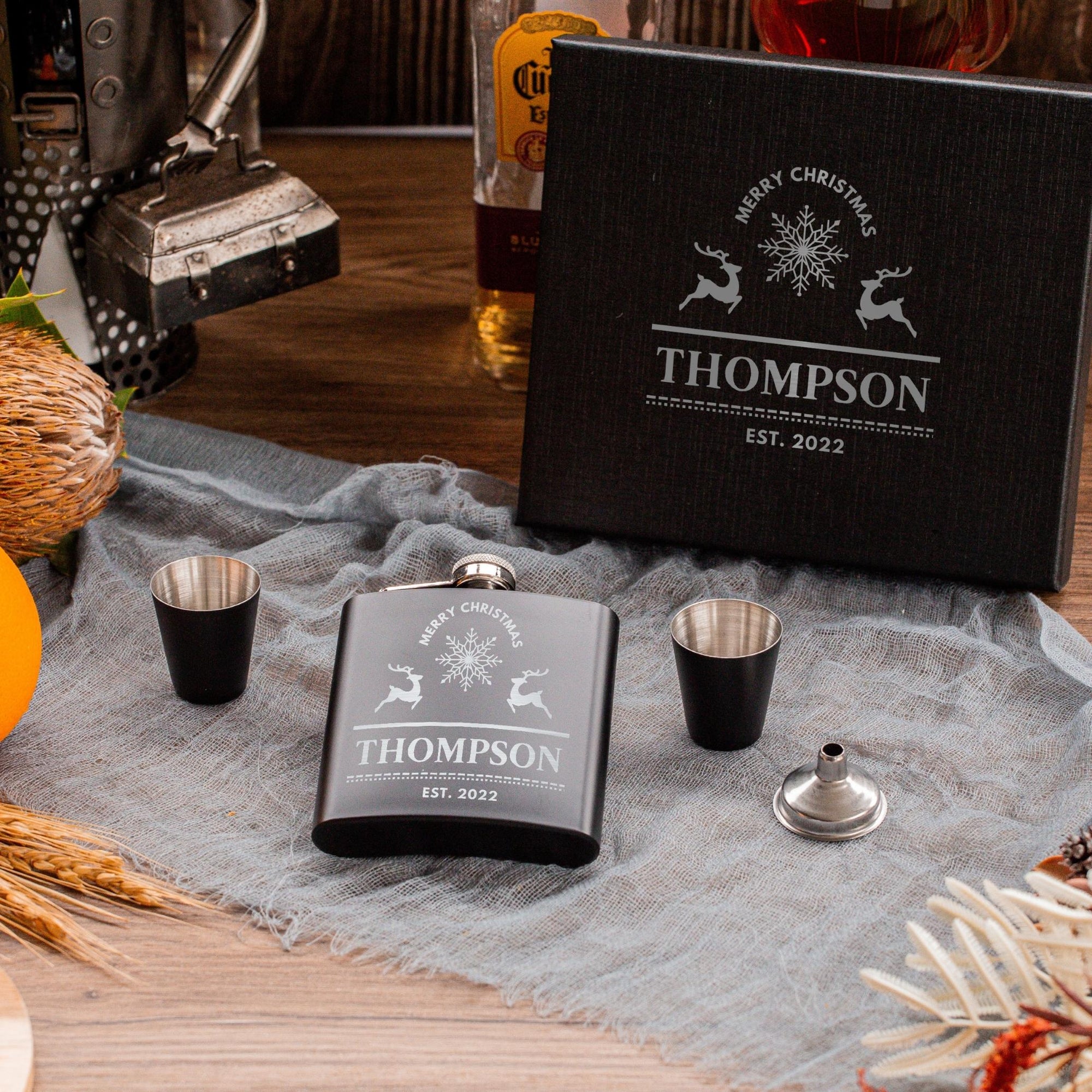 Christmas Personalised 170ml Hip Flask, Funnel &amp; Shot Glasses - FREE Gift Boxed