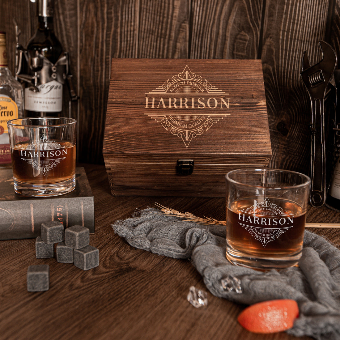 Engraved Wooden Boxed Gift Set- 2 Whisky Glasses & 6 Reusable Charcoal Ice Stone, Personalised Custom Premium Rustic Barware, Wedding Favour