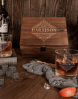 Custom Engraved Whiskey Wooden Box - 2 Sleek Round Scotch Glasses & 6 Rock Ice Stones, Personalised Barware Set, Wedding Groomsman, Dad Gift