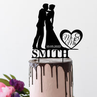 Personalised MDF/ Mirror Acrylic Wedding Silhouette Cake Topper, Custom Name & Date Kissing Couple Bridal & Groom, Hens, Event Party Supply Decor