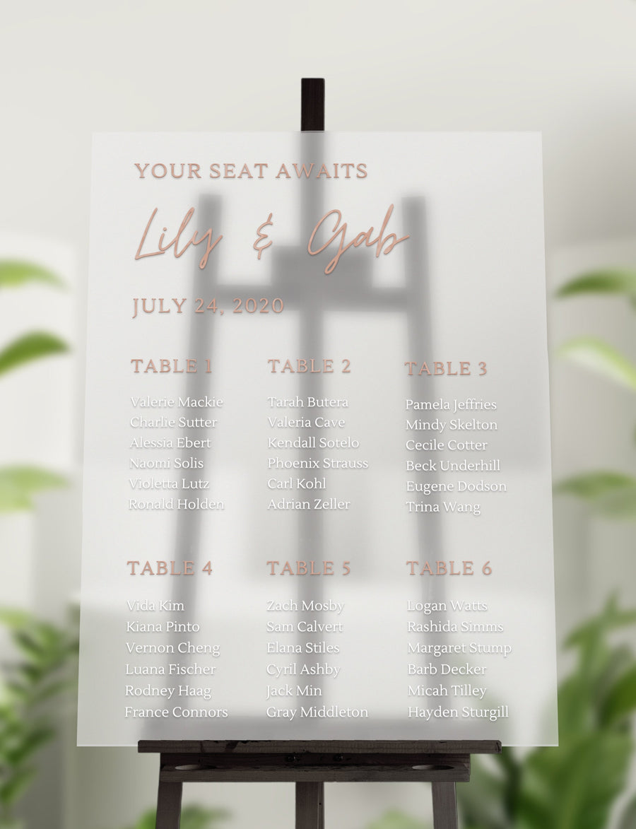 Custom Frosted/ Clear Wedding Seating Chart Sign, Personalised Guest Plan/ Find Table Take a Seat, Modern, Luxury Reception Event Decor