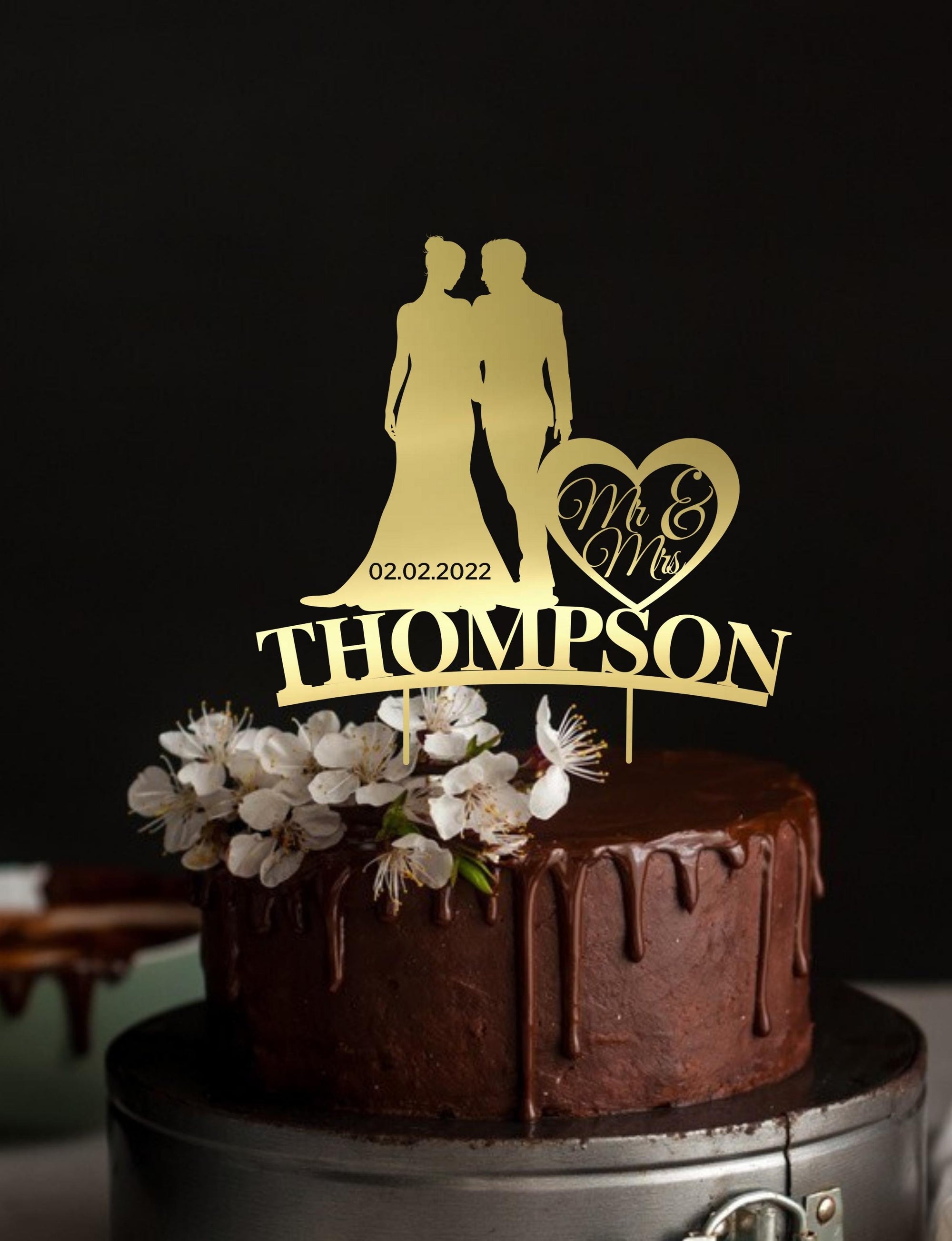 Personalised MDF/ Mirror Acrylic Wedding Silhouette Cake Topper, Custom Name &amp; Date Bridal &amp; Groom, Hens, Event Party Supply Decor