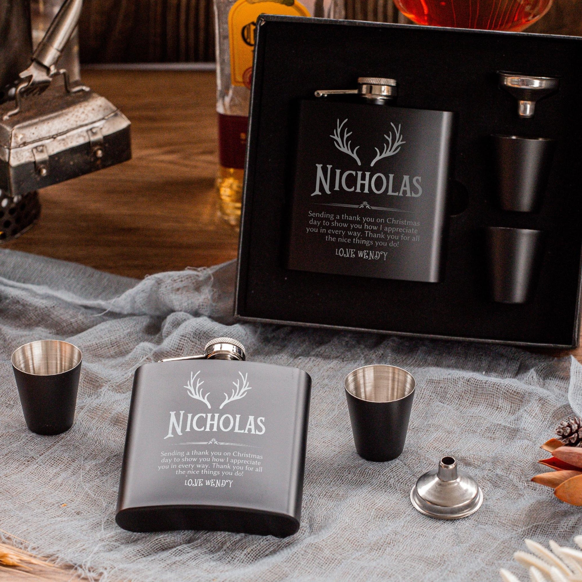 Christmas Personalised 170ml Hip Flask, Funnel &amp; Shot Glasses - FREE Gift Boxed