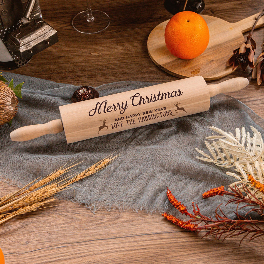 Christmas Personalised Wooden Rolling Pin, Custom  Engraved Timber Dough Roller, Cake Baking Utensil, Xmas/ New Year Birthday Corporate Gift