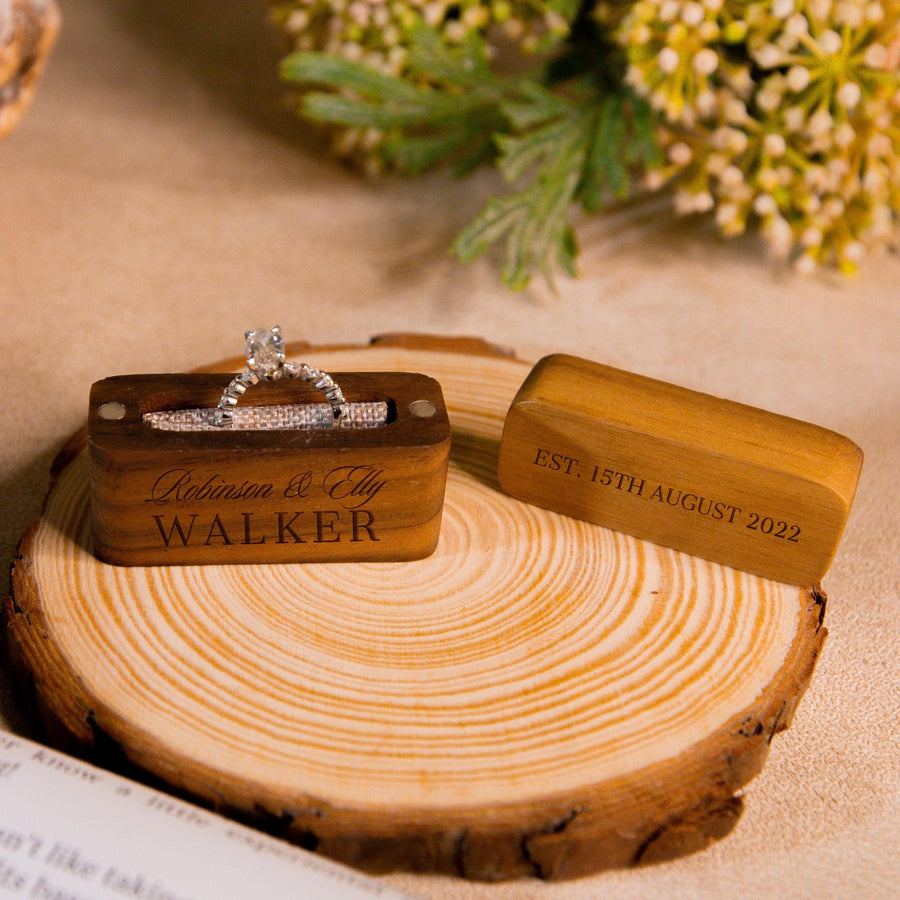 Personalised Wooden Engagement Proposal Ring Bearer Box, Custom Engraved Wedding Single Slot Solid Walnut Rectangle Ring Holder Storage, Anniversary Gift 