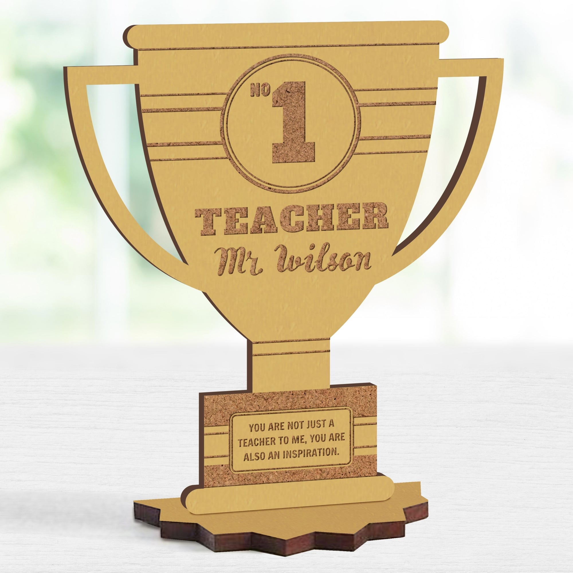 Personalised Number One Teacher Trophy Award, Wooden Keepsake Gifts 