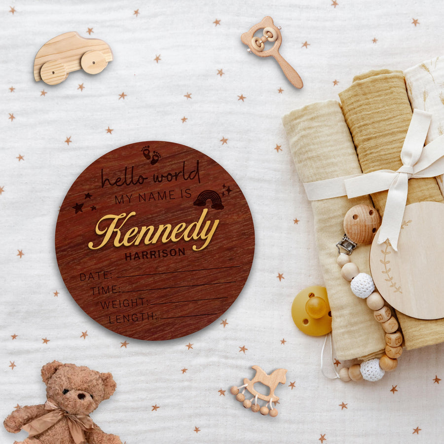 Personalised Wooden Birth Detail Announcement Plaque, 3D Double Layer Nursery Decoration, Hello World New Baby Name Arrival Sign, Newborn Gift