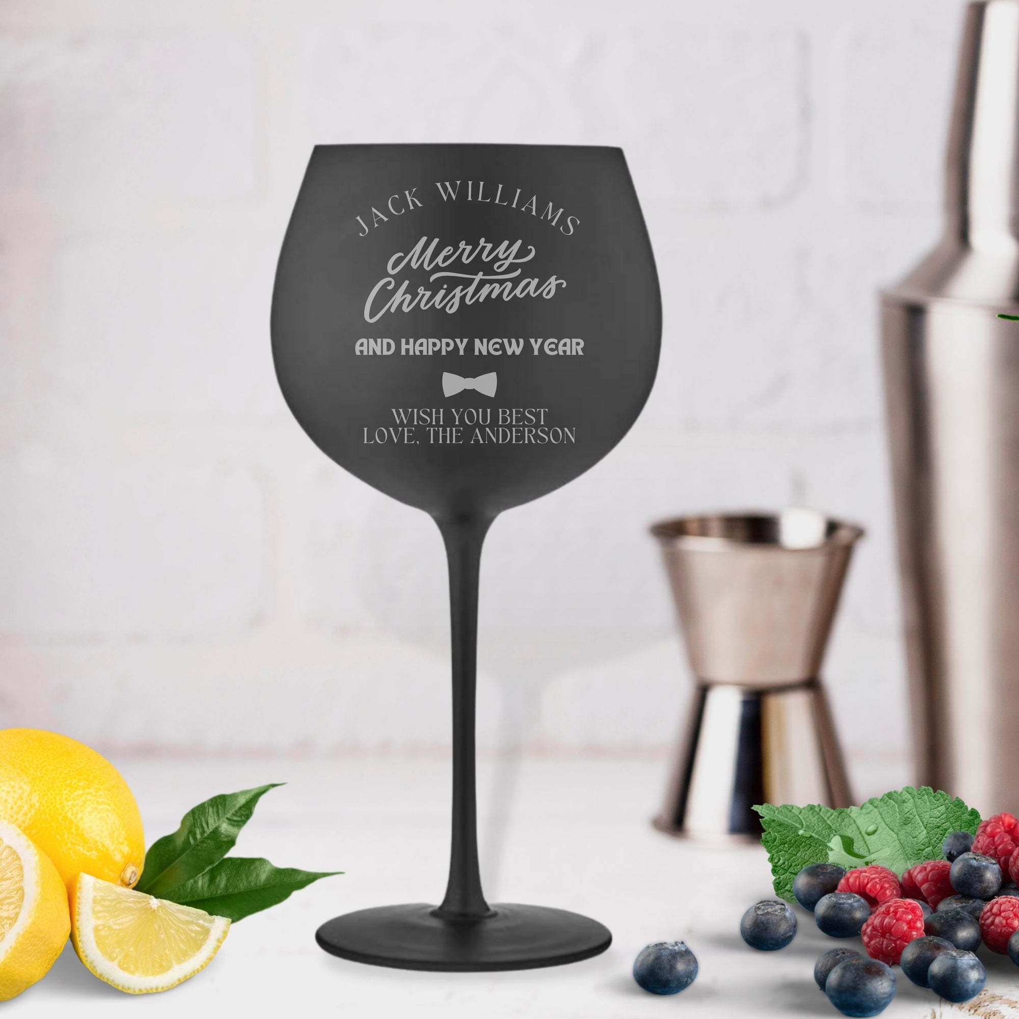 Christmas Engraving 600ml Matte Black Gin/ Spirits Stemless Wine Glass, Personalised Custom Logo Barware, New Year, Xmas, Housewarming Gift