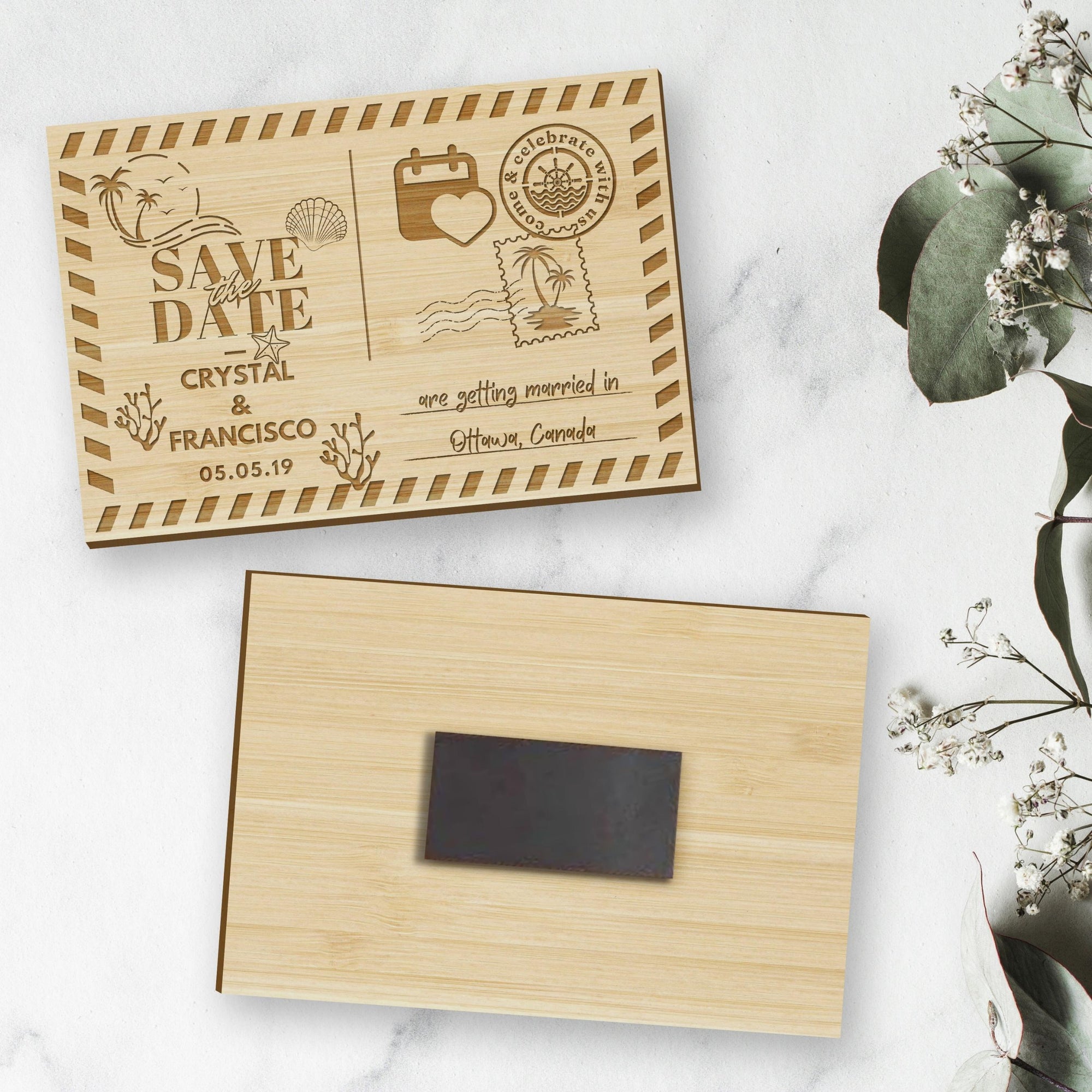 Engraved Wooden Save The Date Fridge Magnets, Personalised Tropical Wedding Invitation Post Card, Remember Date Announcement Guest Gift Tags