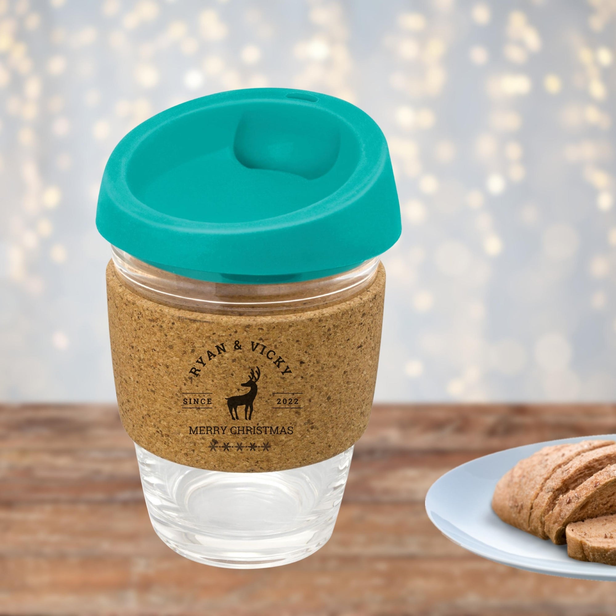 Christmas Personalised Cork Band Reusable Glass Coffee Cup 340ml, Xmas New Year Custom Engraved Mug/ Tumbler, Corporate, Birthday/ Teacher/ Office Mothers Day Gift