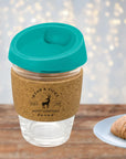 Christmas Personalised Cork Band Reusable Glass Coffee Cup 340ml, Xmas New Year Custom Engraved Mug/ Tumbler, Corporate, Birthday/ Teacher/ Office Mothers Day Gift