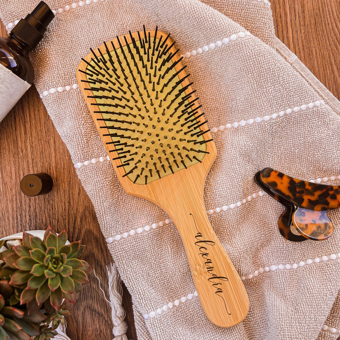 Personalised Organic Bamboo Paddle Hair Brush/ Comb, Custom Logo Laser Engraved Plastic Free Detangling Hair Care, Wedding, Bridesmaids, Mothers day Gift