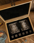 Custom Engraved Whiskey Wooden Box - 2 Sleek Round Scotch Glasses & 6 Rock Ice Stones, Personalised Barware Set, Wedding Groomsman, Dad Gift