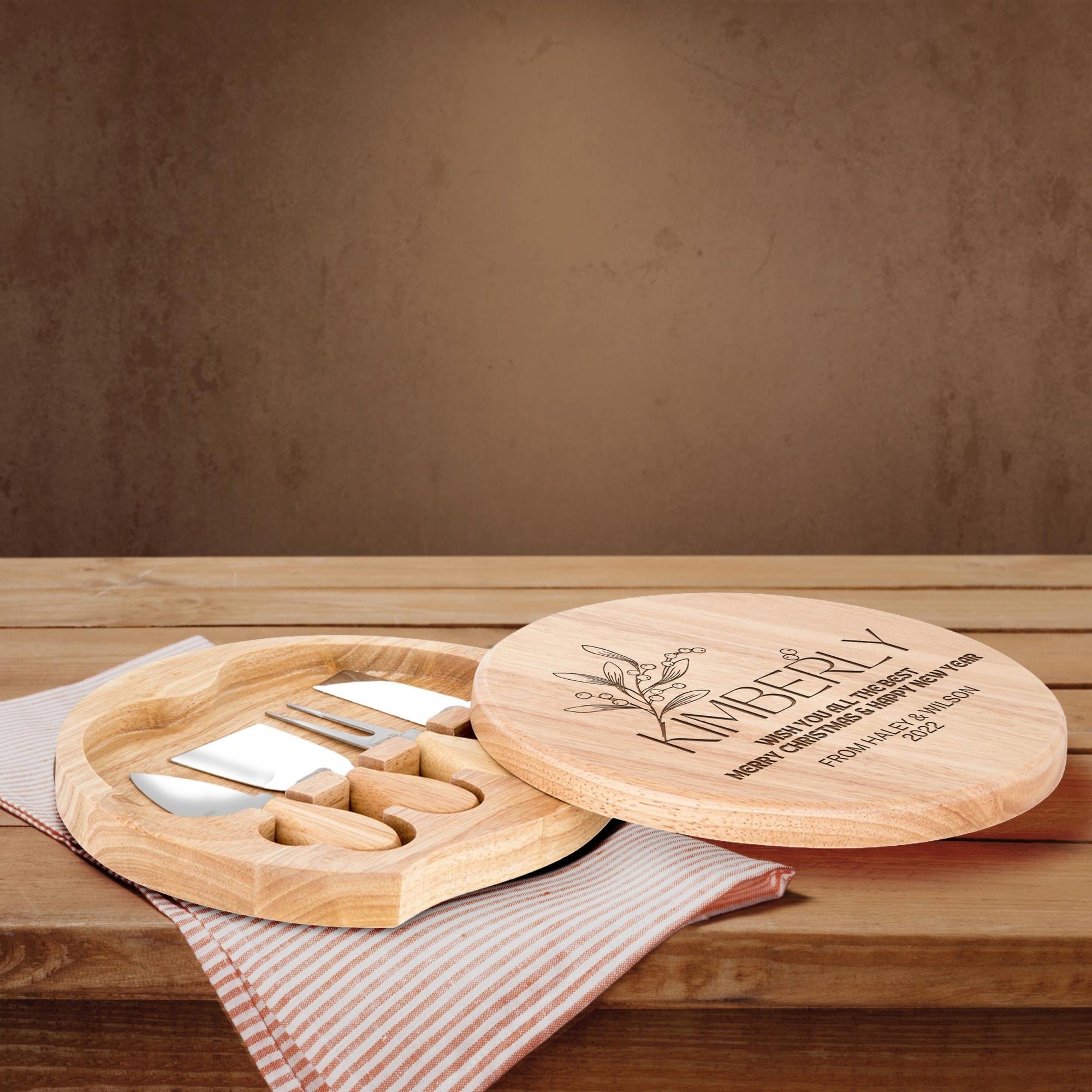 Christmas Personalised Round Wooden Cheese Board &amp; Knife Travel Set, Engraved Custom Noel/ Santa Charcuterie Platter, Xmas/ New Year Corporate Holiday Gift