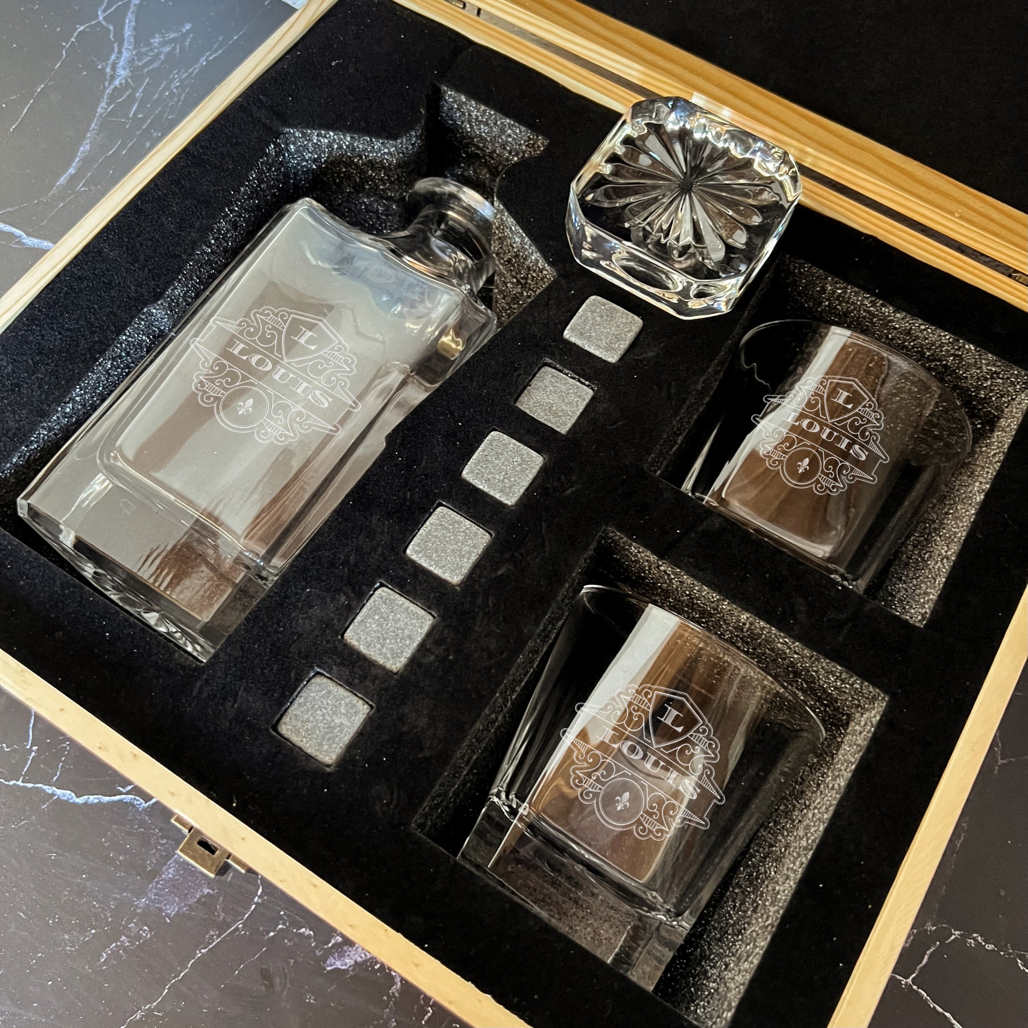 Engraved Whiskey Wooden Box - Square Decanter, 2 Scotch Glasses &amp; 6 Ice Stones, Personalised Barware Set Groomsman Retirement Christmas Gift