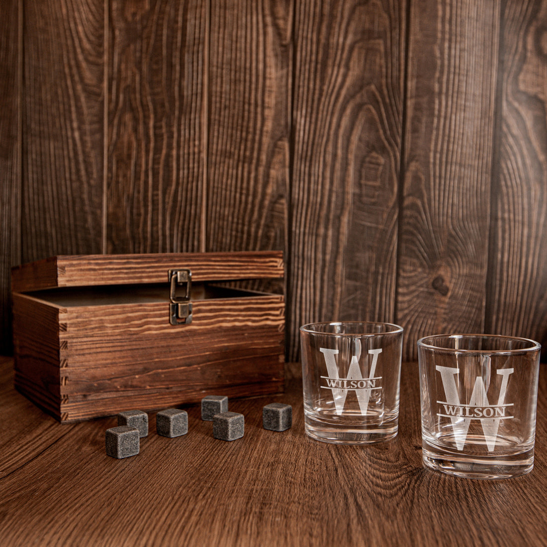 Engraved Wooden Boxed Whiskey Decanter Set, 2 Scotch Glasses & 6 Reusable Ice Stone, Charcoal Rock Personalised Custom Monogram Premium Rustic Vintage Whisky Birthday, Groomsmen, Bar Gift for Dad/ Him