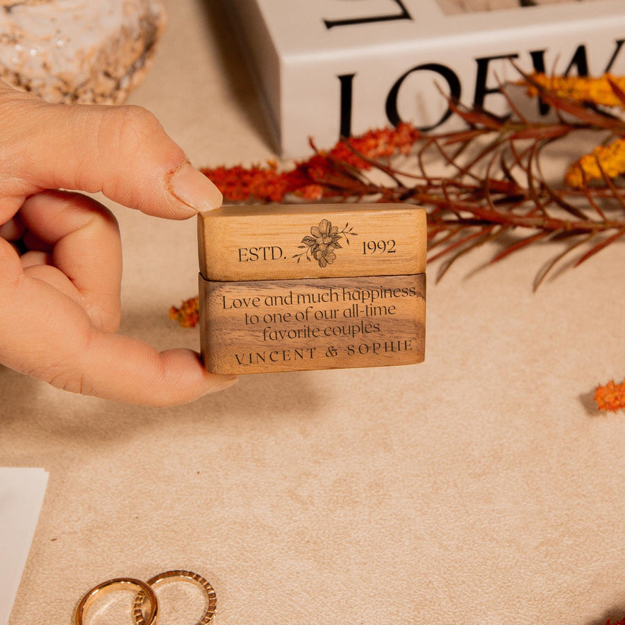 Personalised Wooden Engagement Proposal Ring Bearer Box, Custom Engraved Wedding Single Slot Solid Walnut Rectangle Ring Holder Storage, Anniversary Gift 