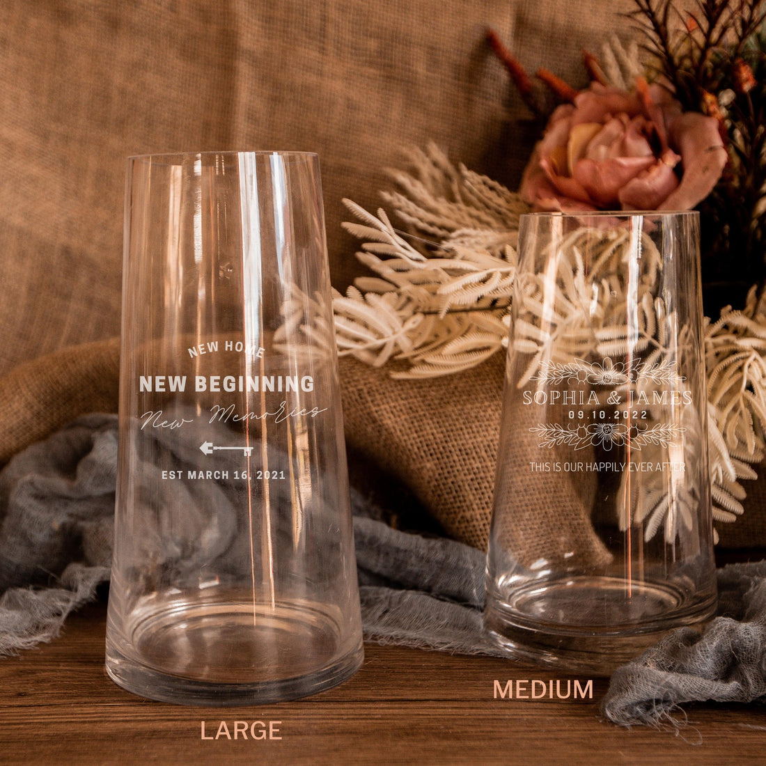 Personalised Tapered Glass Vase, Custom Engraved Memorial Wedding Gift for Bridesmaid, Mother of Bride/ Groom, Housewarming, Anniversary