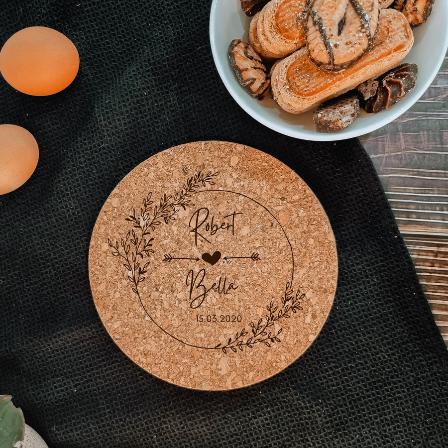 Personalised Round Cork Heat Pot Stand/ Holder, Custom Engraved Proof Mat Hot Pad/ Trivet, Wedding, Anniversary, Housewarming, Birthday Gift