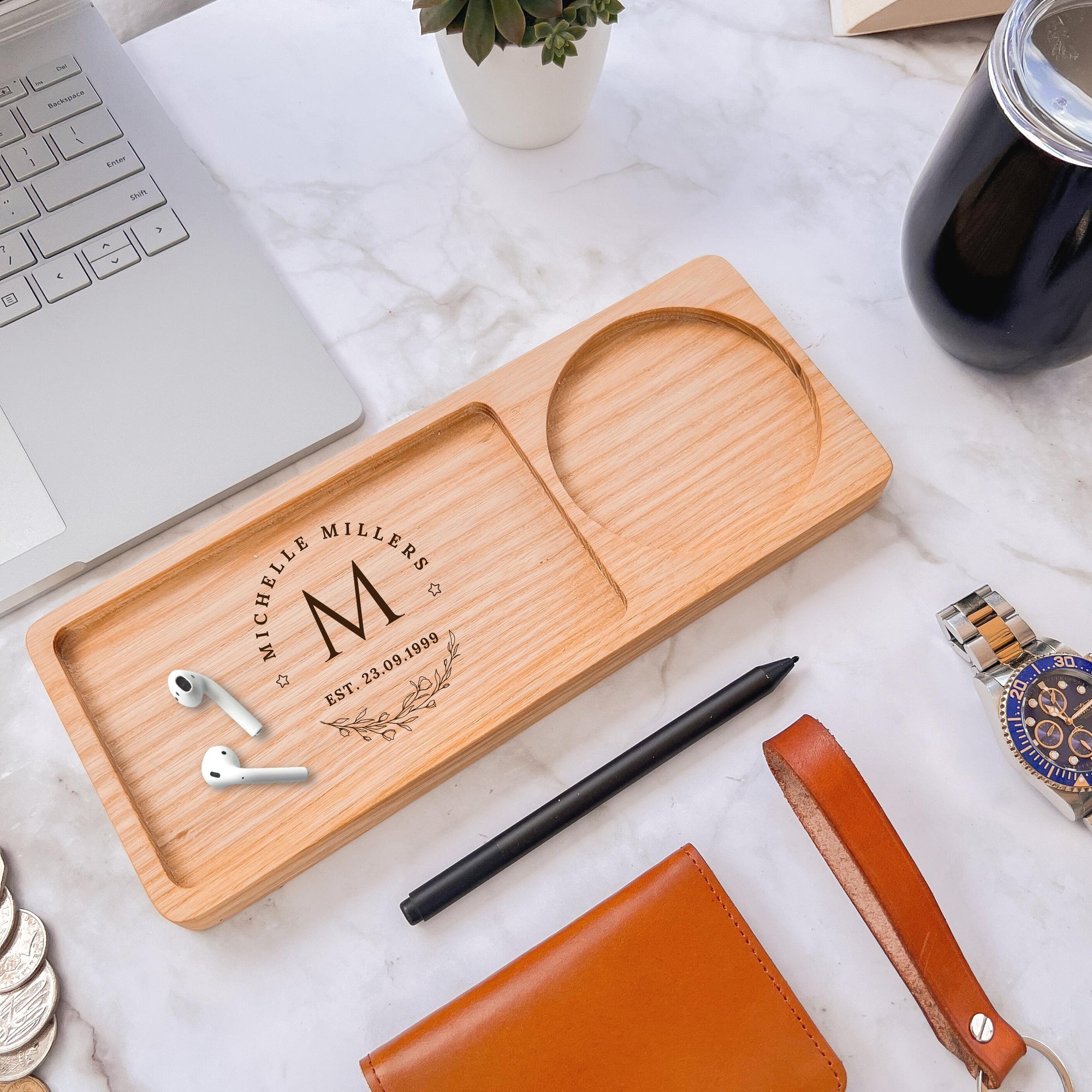 Personalised Ash Wood Round Catchall Tray &amp; Drink Holder, Jewellery/ Tech/ Serving Valet, Custom Engraved Timber Organiser, Desk Accessories