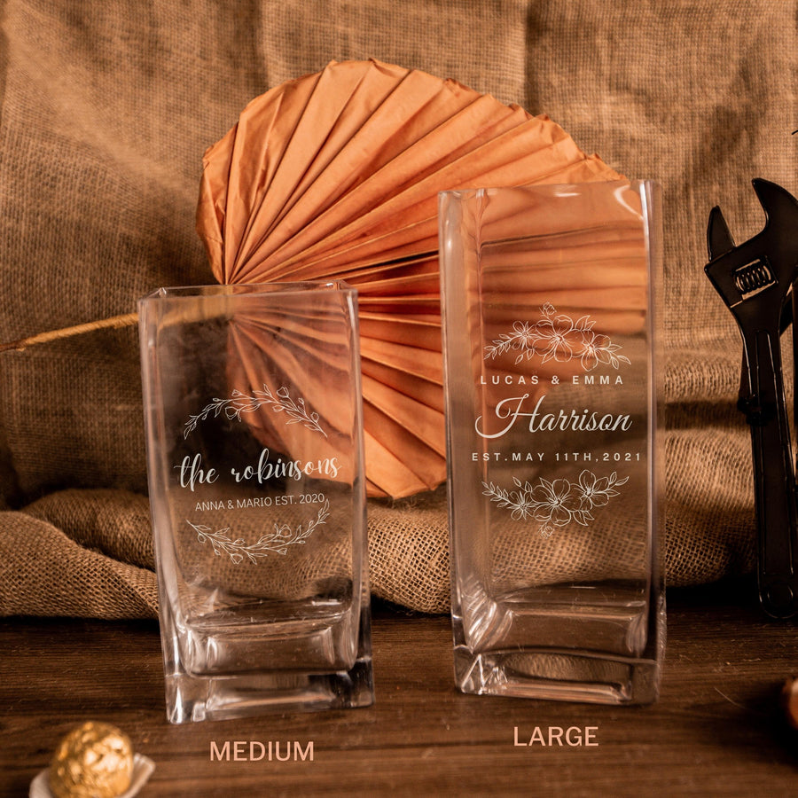 Personalised Square Tank Glass Vase, Custom Engraved Memorial Wedding Gift for Bridesmaid, Mother of Bride/ Groom, Housewarming, Anniversary