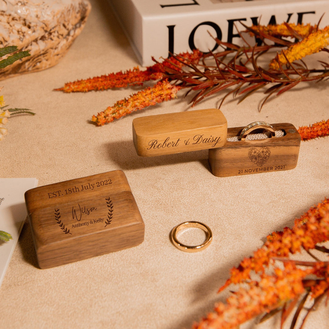 Personalised Wooden Engagement Proposal Ring Bearer Box, Custom Engraved Wedding Single Slot Solid Walnut Rectangle Ring Holder Storage, Anniversary Gift 