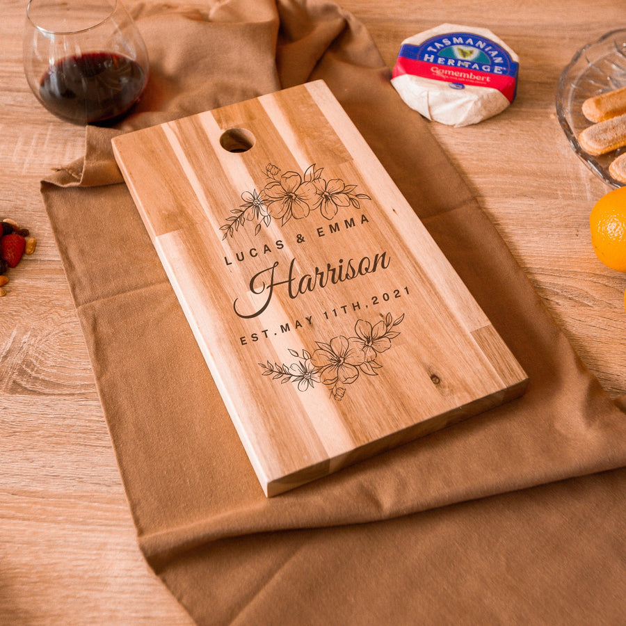 Personalised Solid Acacia Wood Charcuterie Chopping/ Cutting Board, Engraved Custom Cheese, Food Serving Tray Anniversary/ Housewarming Gift