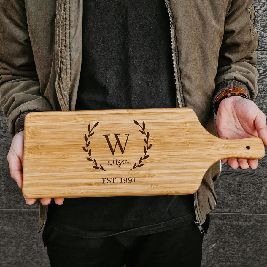 Personalised Bamboo Wooden Serving Cheese, Charcuterie Handle Tray, Cutting Board, Engraved Timber Platter, Custom Wedding Anniversary Housewarming Gift