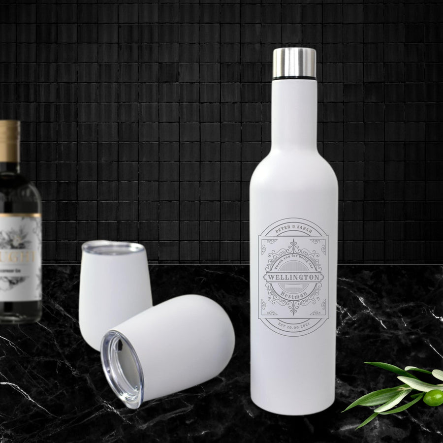 Personalised Engraved Stainless Steel Double Wall Insulated Travellers Set of 3, Thermal Wine Bottle & 2 Tumblers Custom Logo Corporate Gift