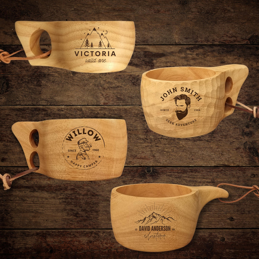 Personalised / Custom Engrave Kuksa Travel Wooden Mug & FREE spoon, Memory Camping Family Cup/Housewarming/ Groomsmen/ Father Gift for Him