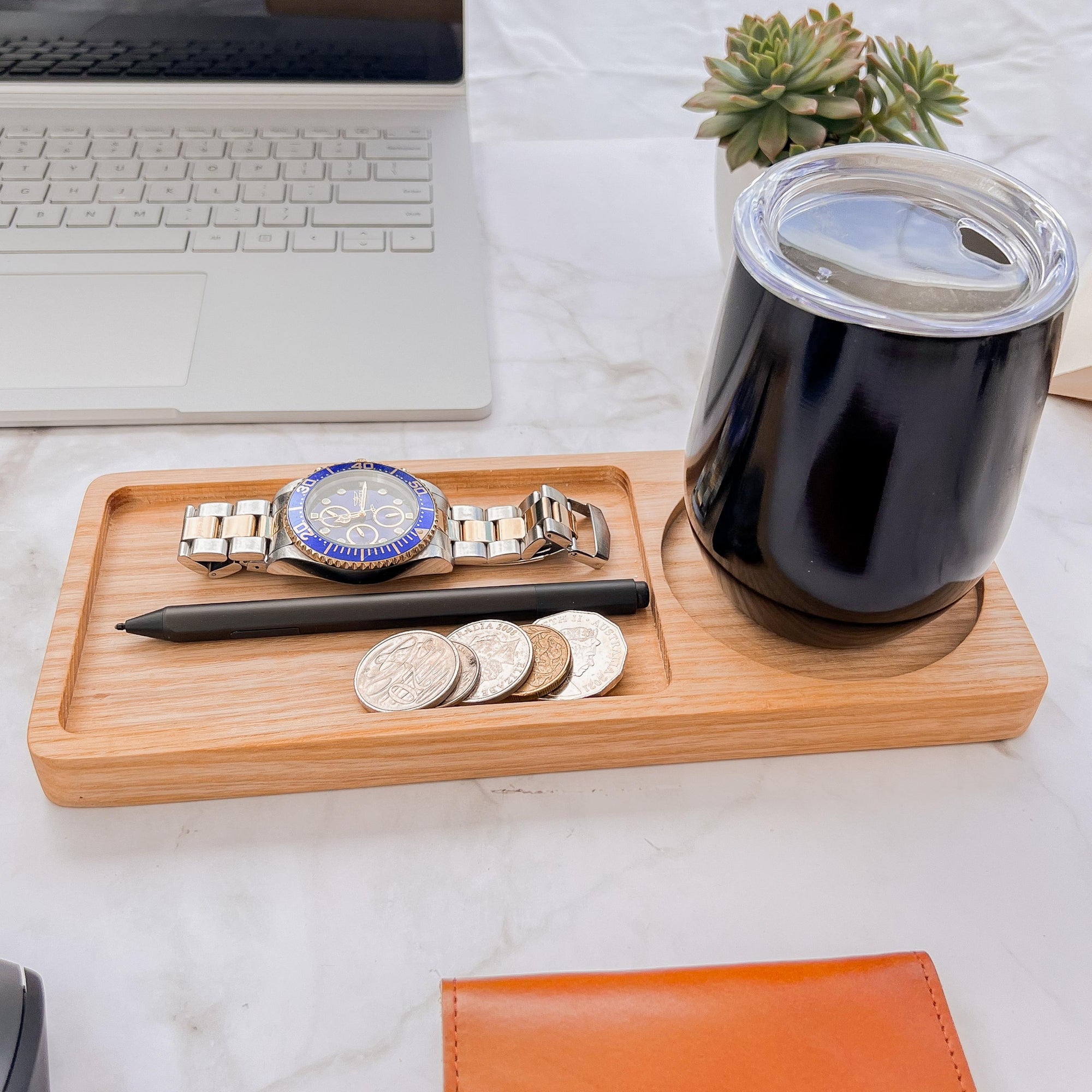 Personalised Ash Wood Round Catchall Tray &amp; Drink Holder, Jewellery/ Tech/ Serving Valet, Custom Engraved Timber Organiser, Desk Accessories