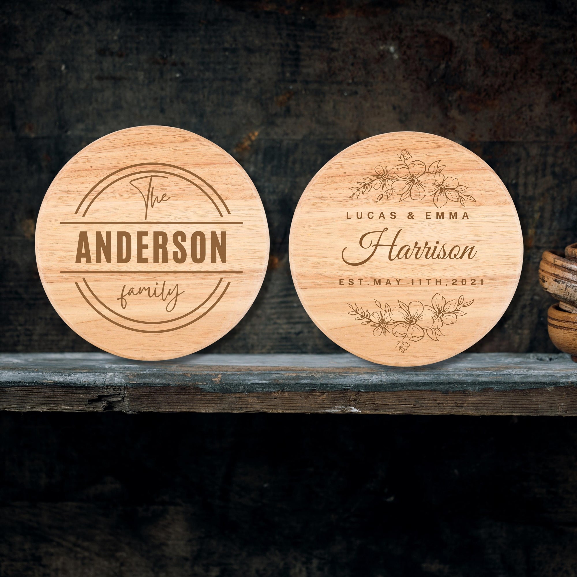 Personalised Round Wood Cheese Hinge Board &amp; Knife Travel Set, Engraved Charcuterie Platter, Wedding Anniversary Corporate Housewarming Gift