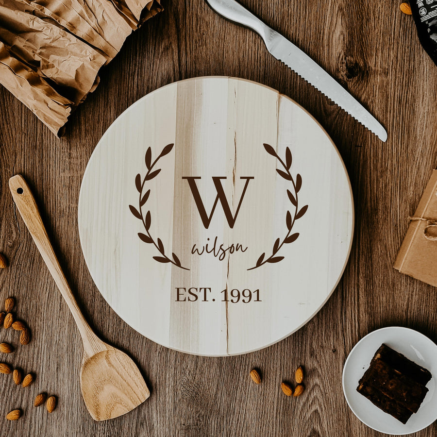 Custom Engraved Solid Wood Lazy Susan Tray, Cheese Serving Round Spin Board, Personalised Timber Housewarming Gift