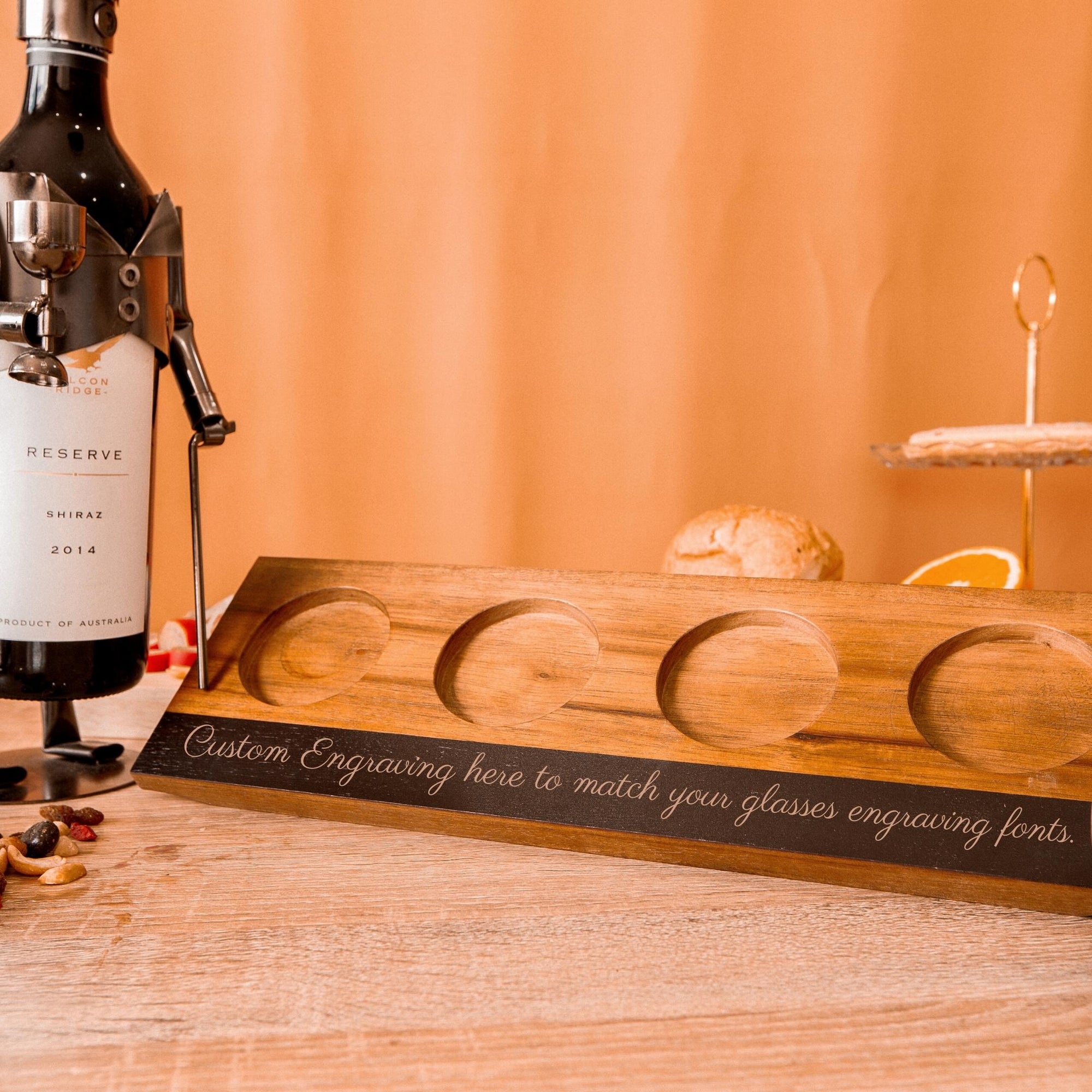 Engraved Set of 4 Wine Tasting Glasses &amp; Acacia Wooden Flight Paddle, Custom Personalised Corporate/ Housewarming Gift, Groomsmen Favour