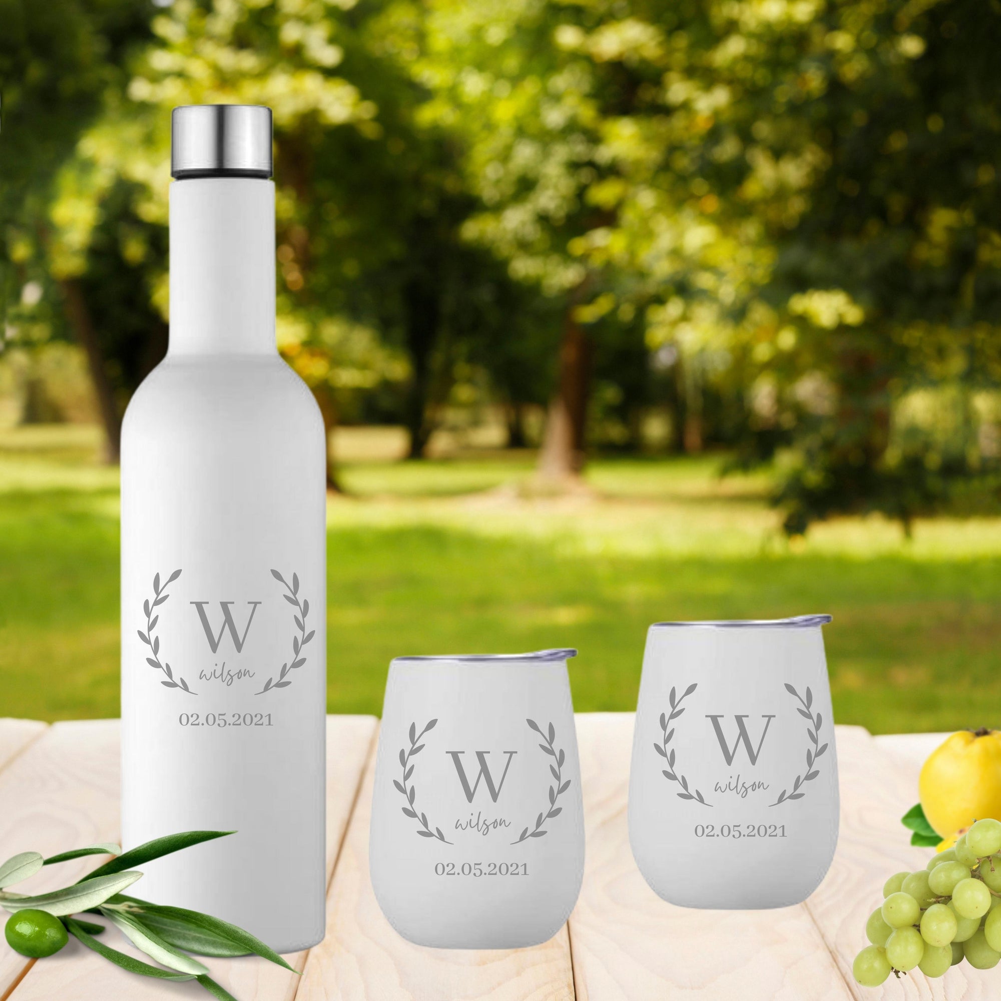 Personalised Engraved Stainless Steel Double Wall Insulated Travellers Set of 3, Thermal Wine Bottle &amp; 2 Tumblers Custom Logo Corporate Gift