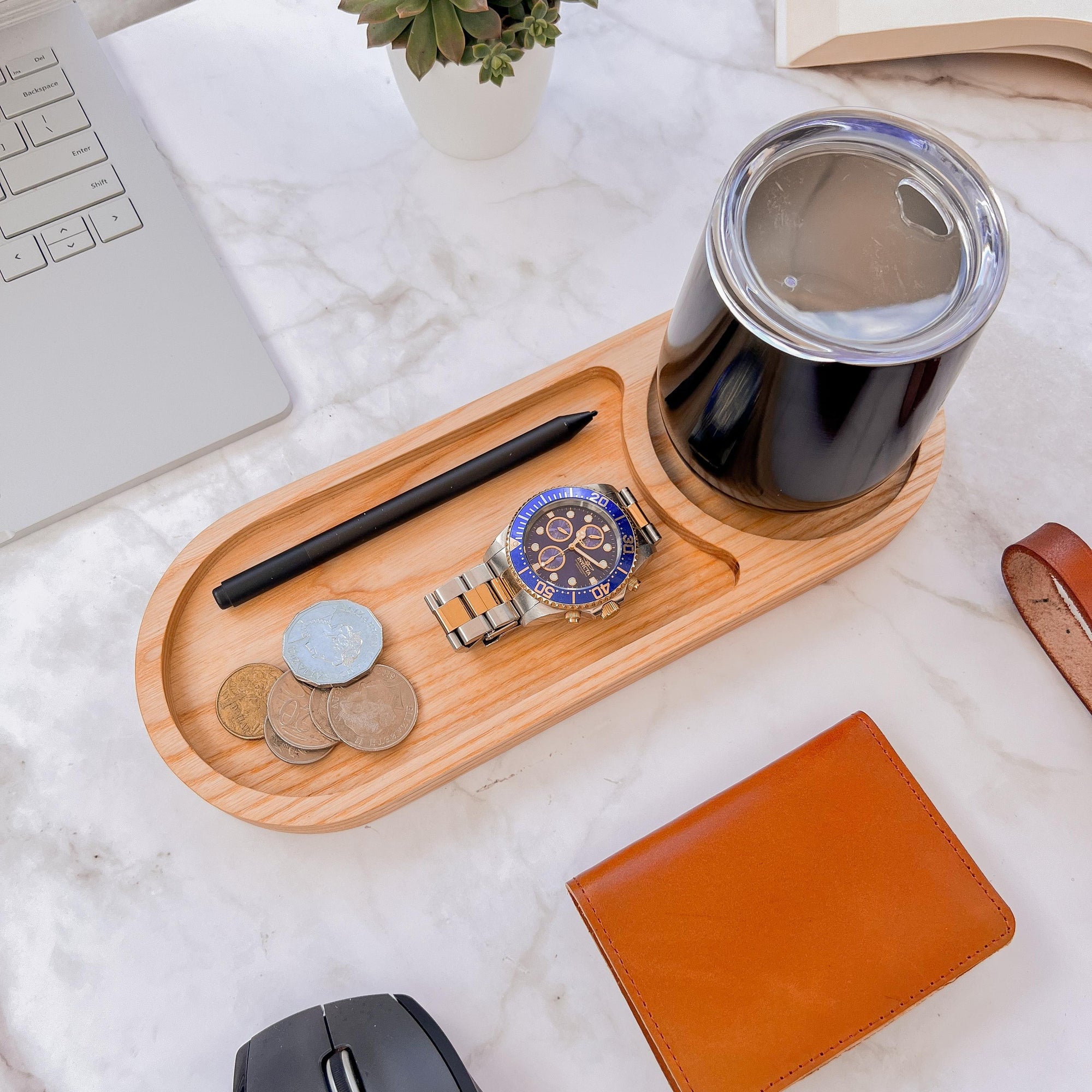 Personalised Round Wooden Jewellery/ Tech/ Office/ Serving/Catchall Tray with Drink Holder, Custom Engraved Timber Wood Valet Organiser Decor Gift